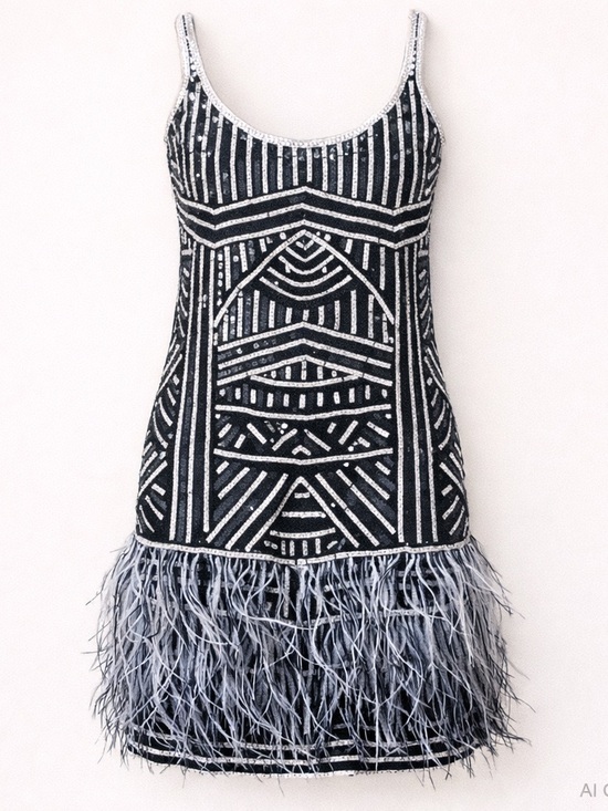 Dresses & Skirts - Parker Hayden Beaded Sequin Geometric Feather 100% Silk Dress Size Medium